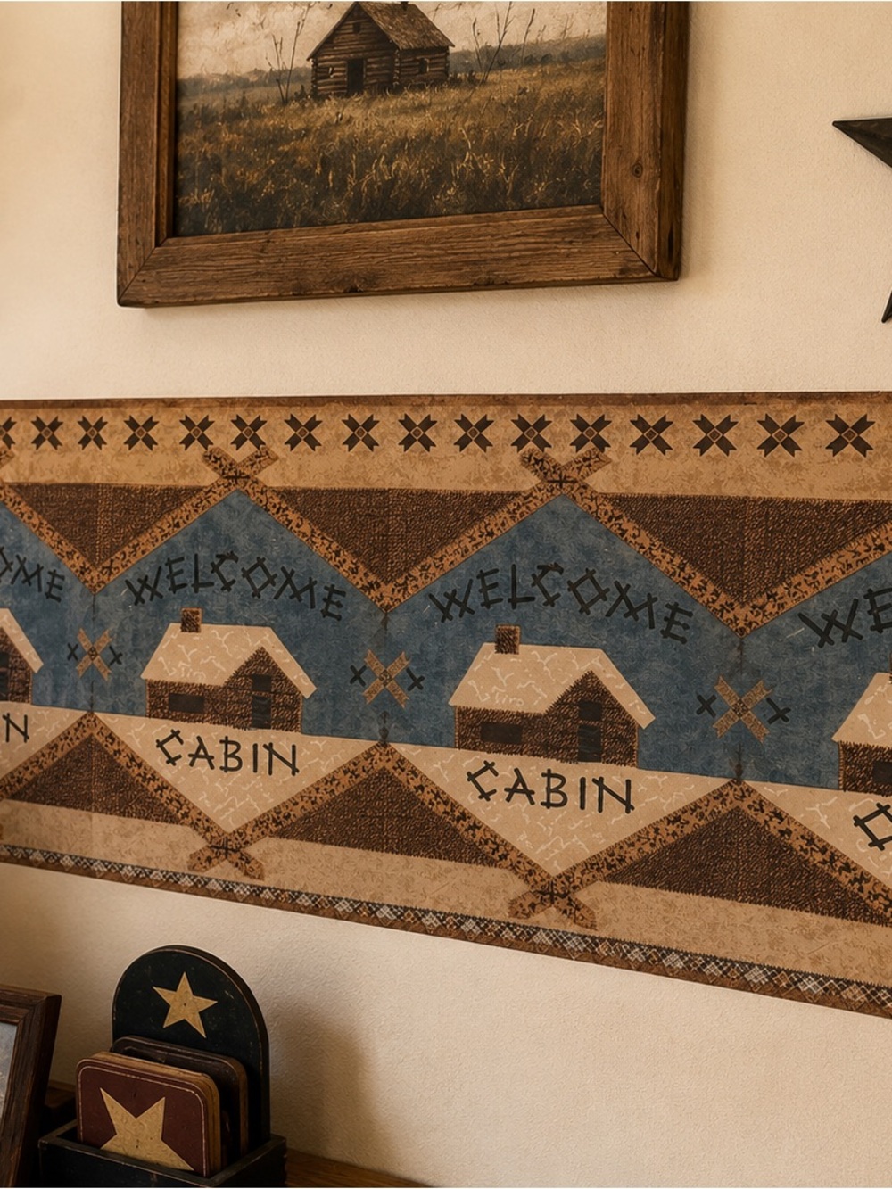 Vintage Blue and Brown Cabin Welcome Wallpaper Border